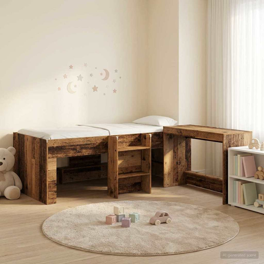 Hoge Bed Frame met Bureau voor Kinderen 2 st Oud hout