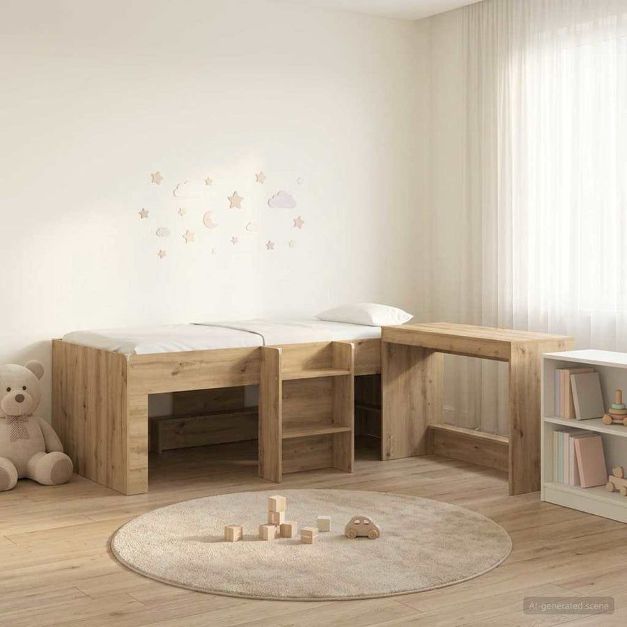 Hoge Bed Frame met Bureau voor Kinderen 2 st Artisanaal eiken