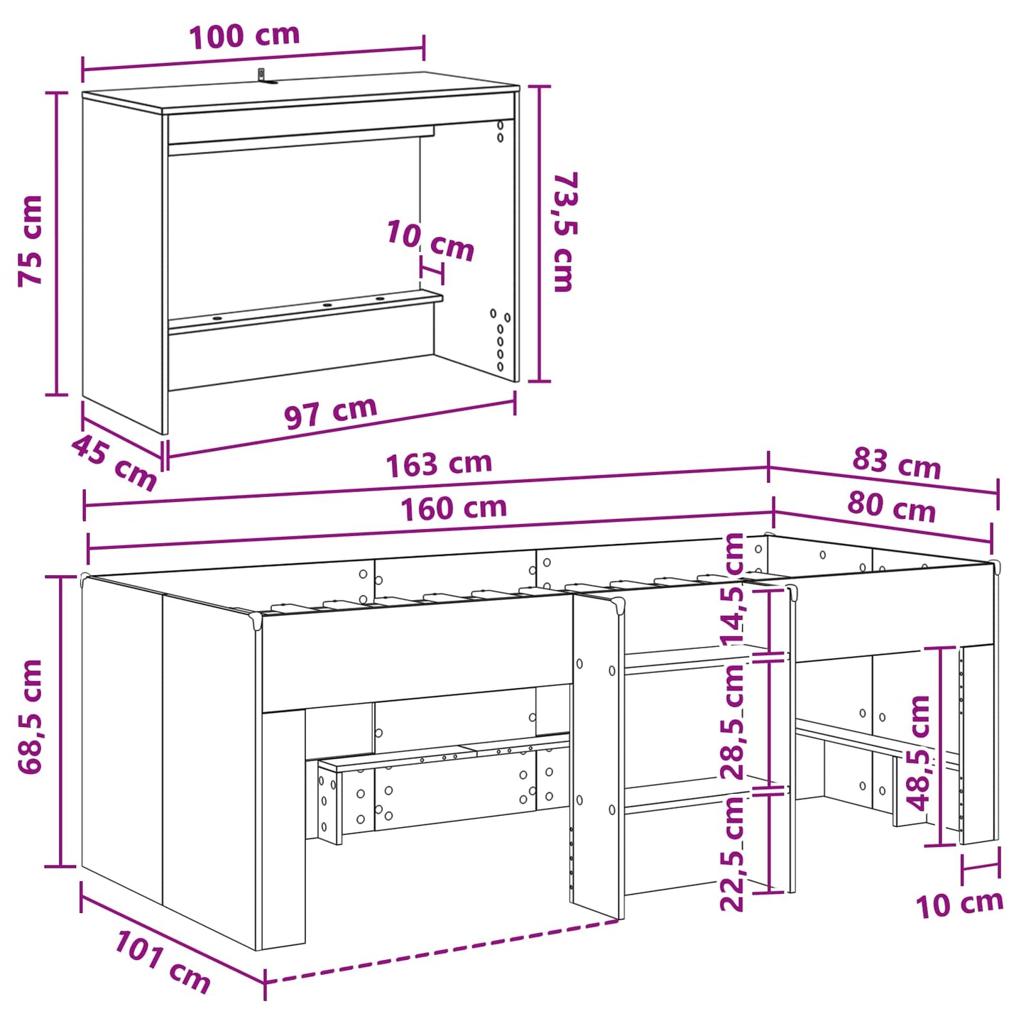 Hoge Bed Frame met Bureau voor Kinderen Wit 80 x 160 cm