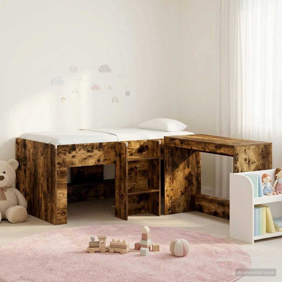 Hoge Bed Frame met Bureau voor Kinderen 2 st Gerookt eiken