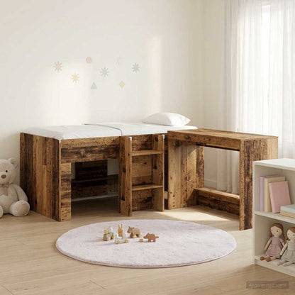 Hoge Bed Frame met Bureau voor Kinderen 2 st Oud hout