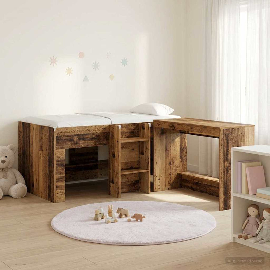 Hoge Bed Frame met Bureau voor Kinderen 2 st Oud hout