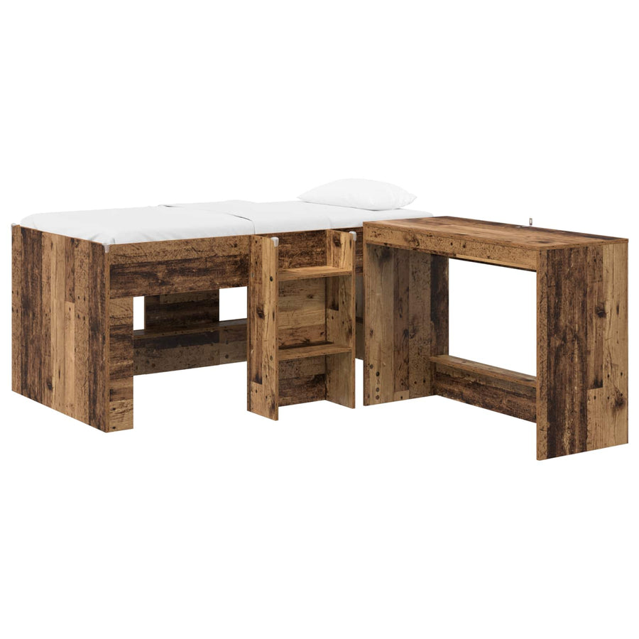 Hoge Bed Frame met Bureau voor Kinderen 2 st Oud hout