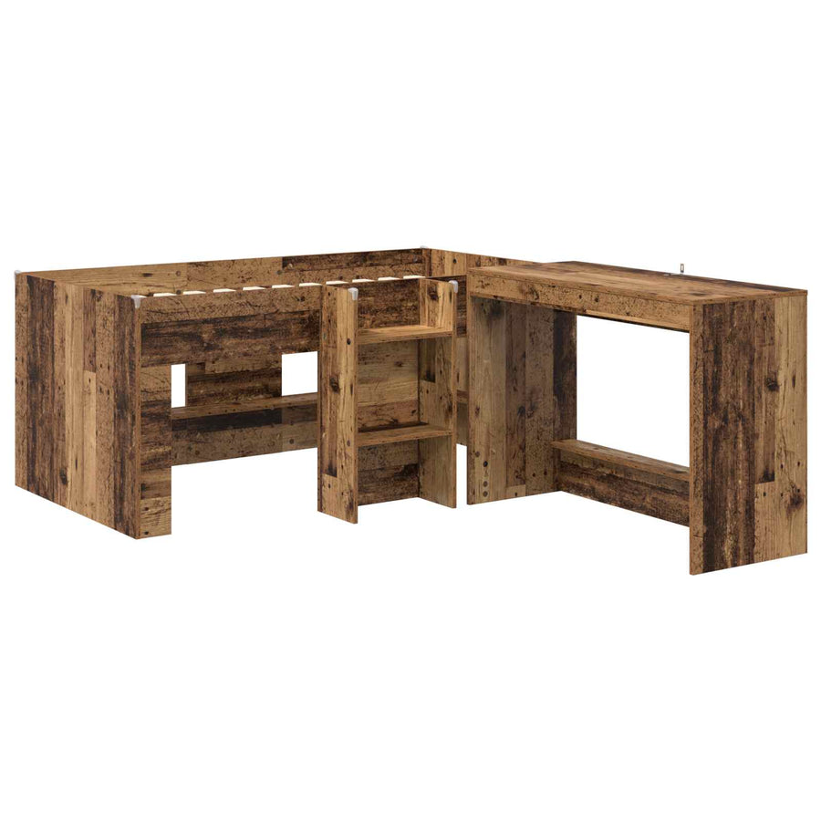 Hoge Bed Frame met Bureau voor Kinderen 2 st Oud hout