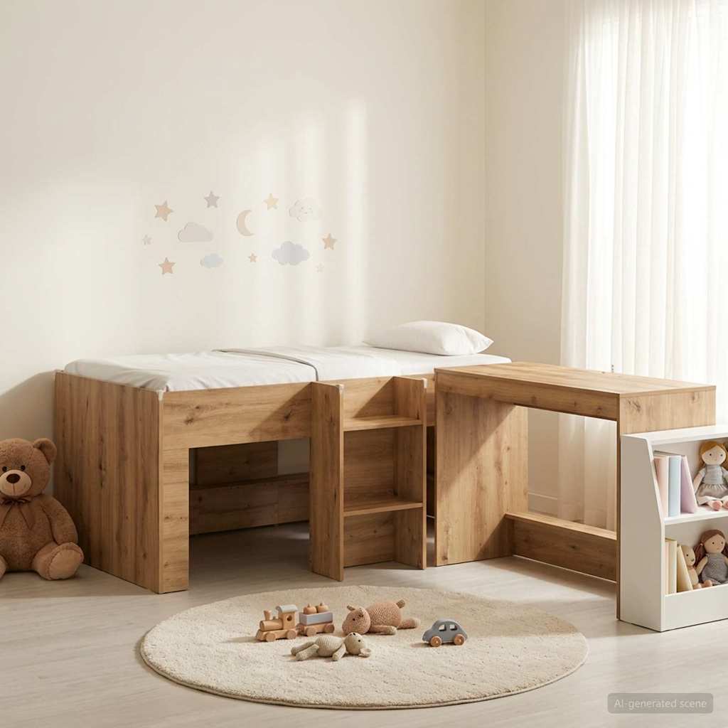 Hoge Bed Frame met Bureau voor Kinderen 2 st Artisanaal eiken