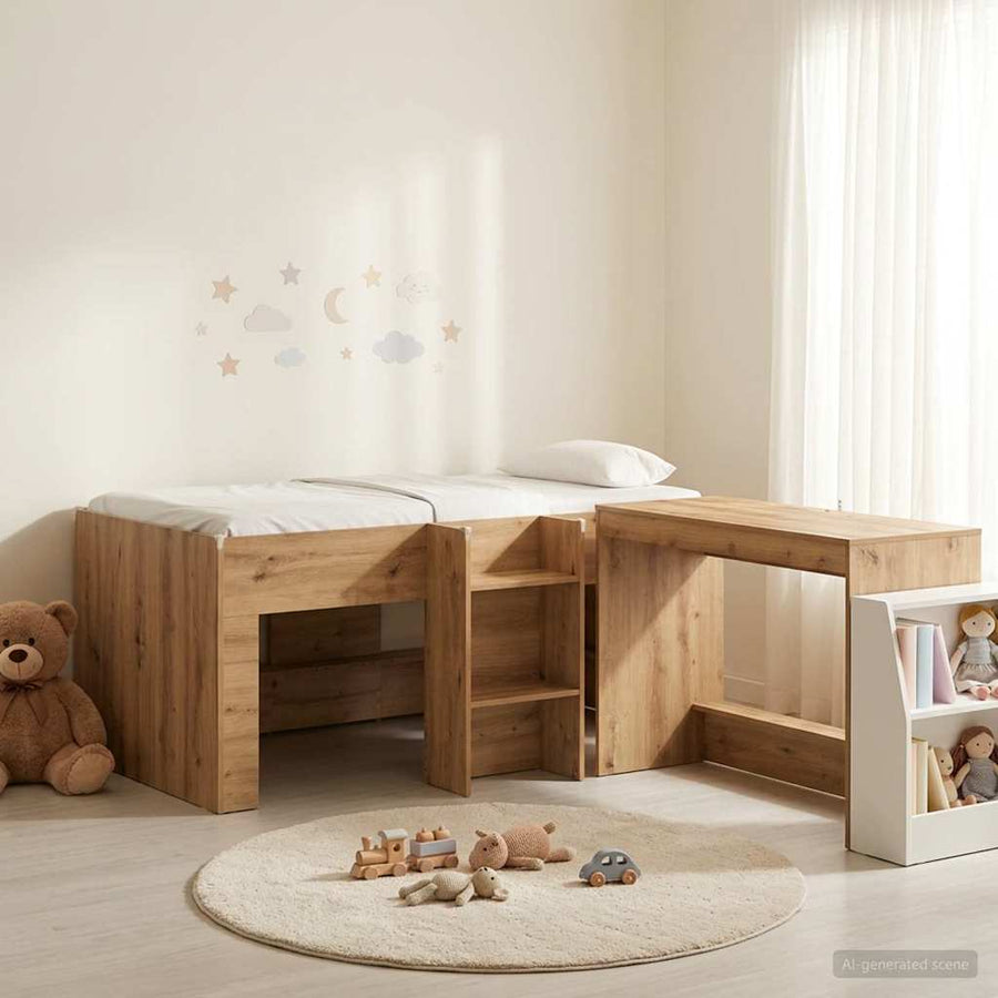 Hoge Bed Frame met Bureau voor Kinderen 2 st Artisanaal eiken