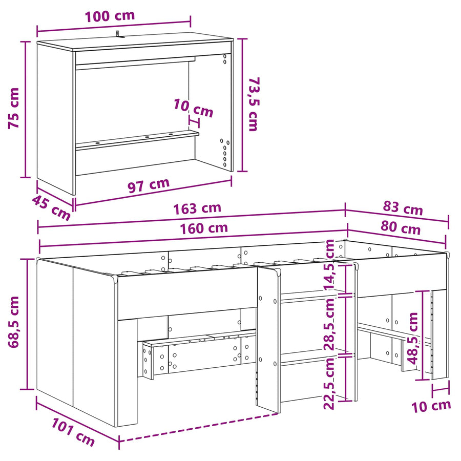 Hoge Bed Frame met Bureau voor Kinderen 2 st Artisanaal eiken