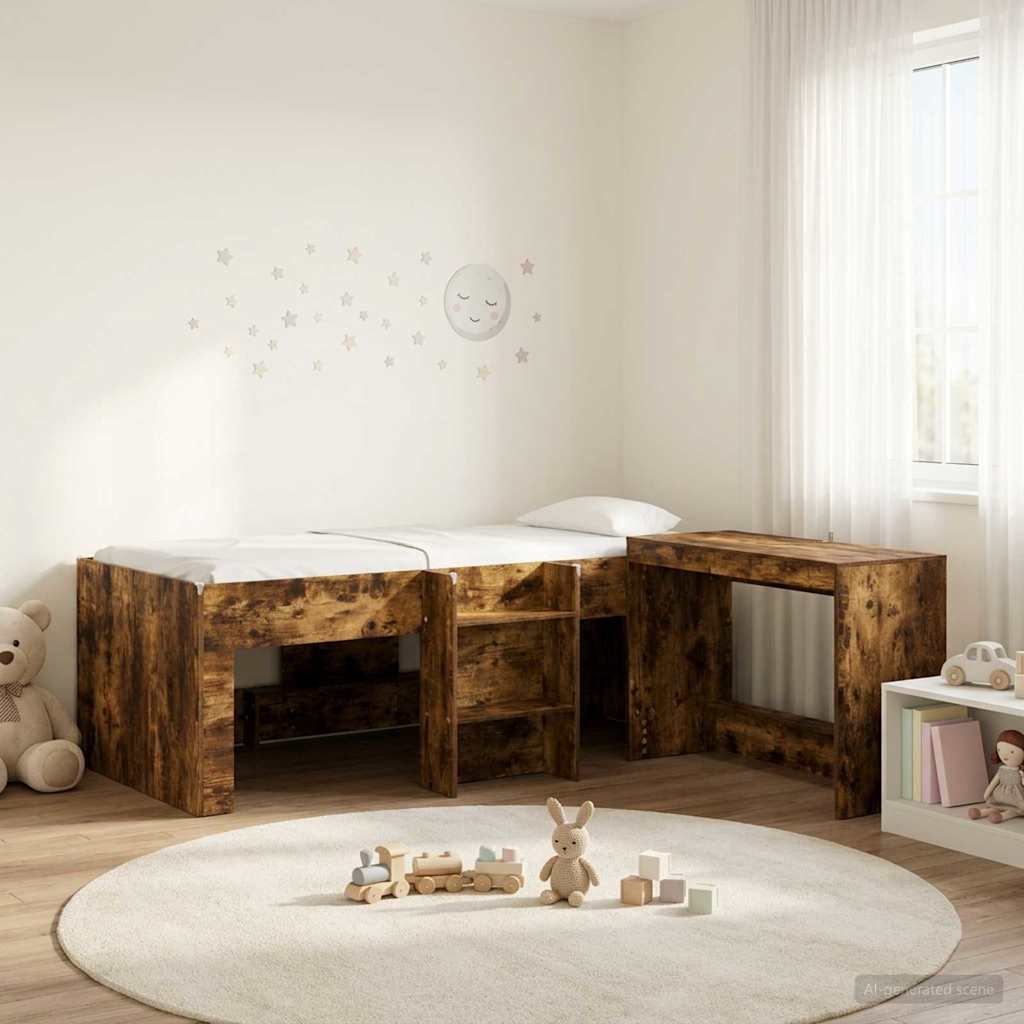 Hoge Bed Frame met Bureau voor Kinderen 2 st Gerookt eiken