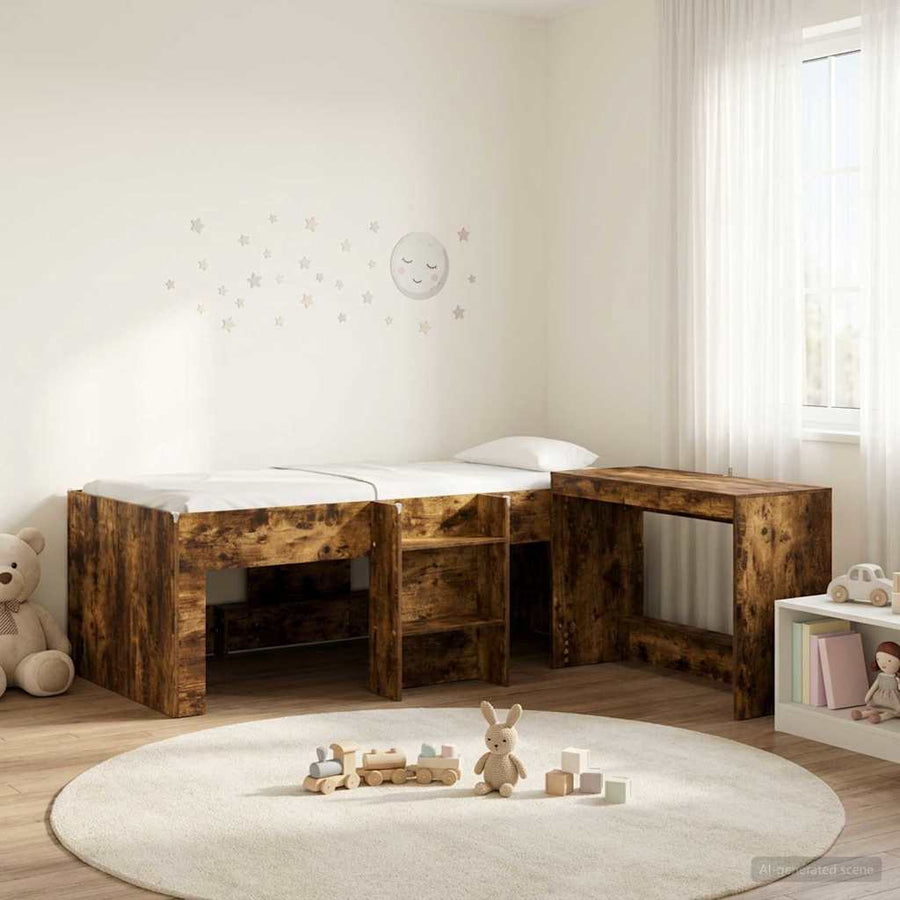 Hoge Bed Frame met Bureau voor Kinderen 2 st Gerookt eiken