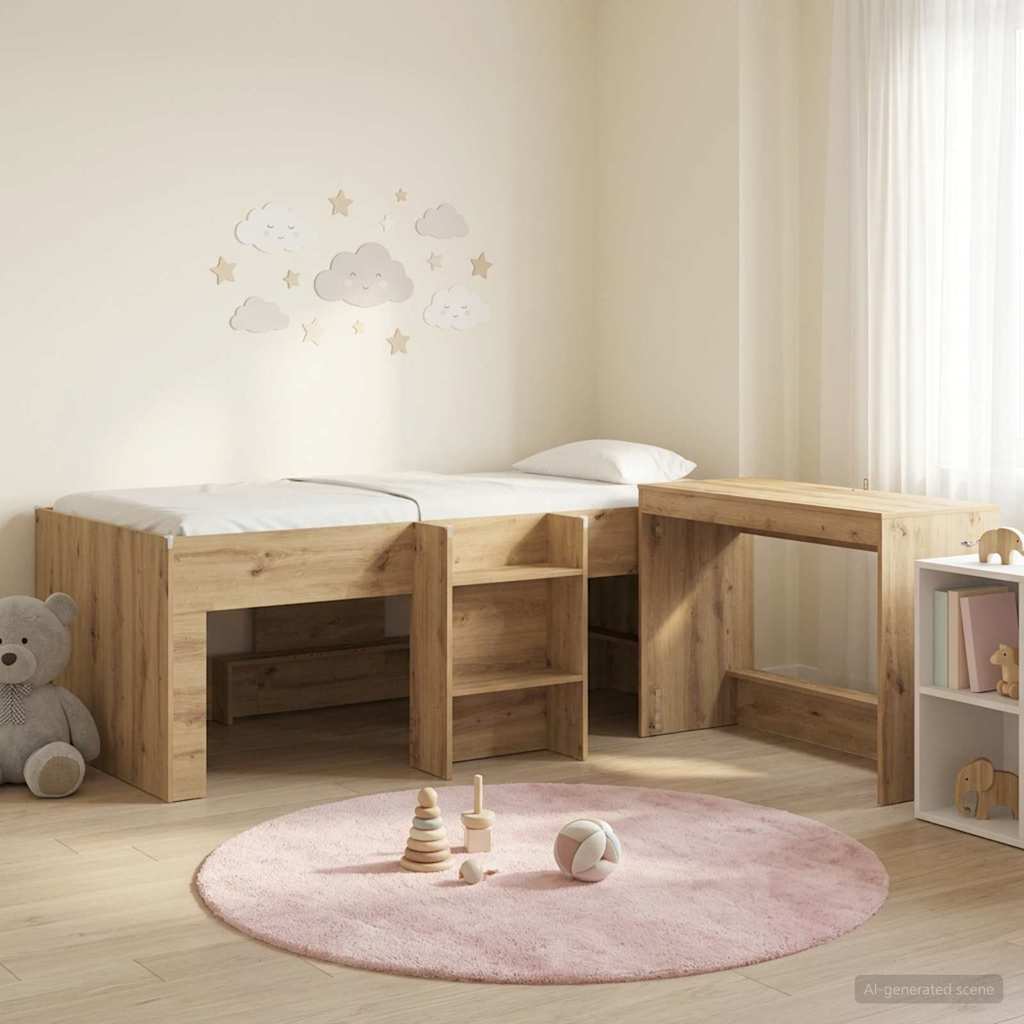 Hoge Bed Frame met Bureau voor Kinderen 2 st Artisanaal eiken