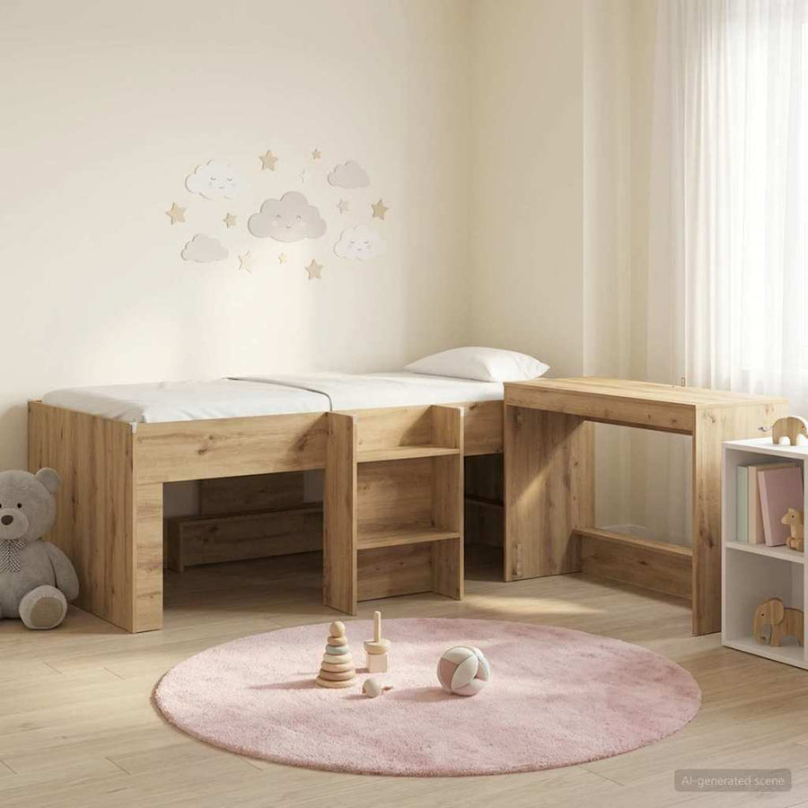 Hoge Bed Frame met Bureau voor Kinderen 2 st Artisanaal eiken