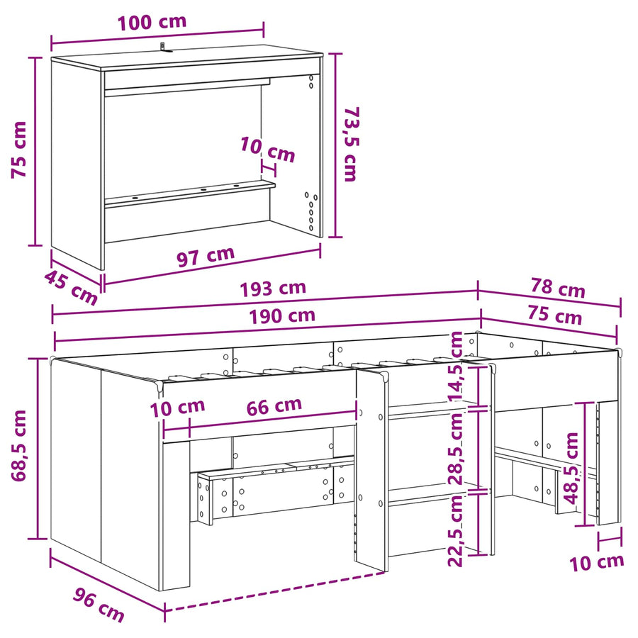 Hoge Bed Frame met Bureau voor Kinderen Wit 75 x 190 cm