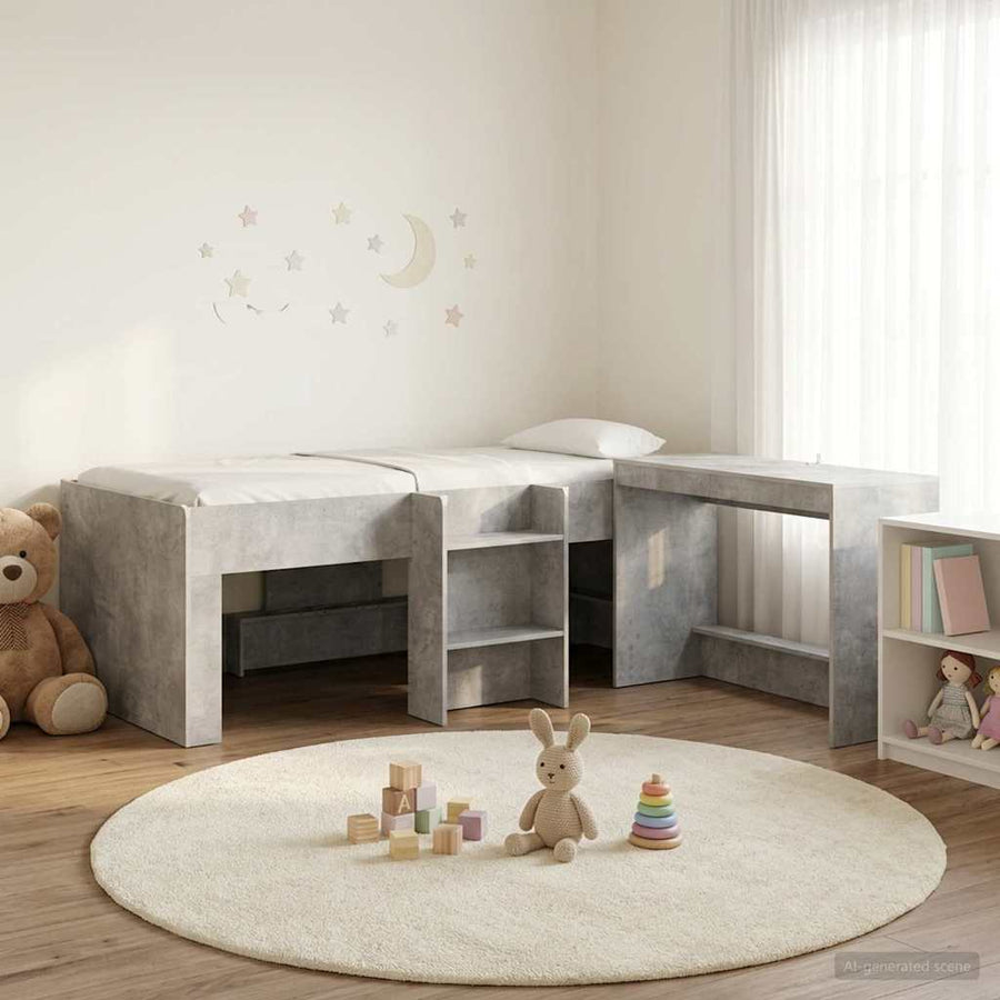 Hoge Bed Frame met Bureau voor Kinderen Betongrijs 75 x 190 cm