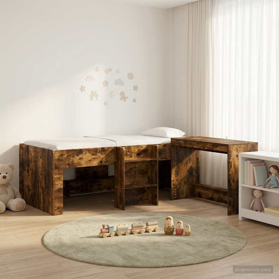 Hoge Bed Frame met Bureau voor Kinderen 2 st Gerookt eiken