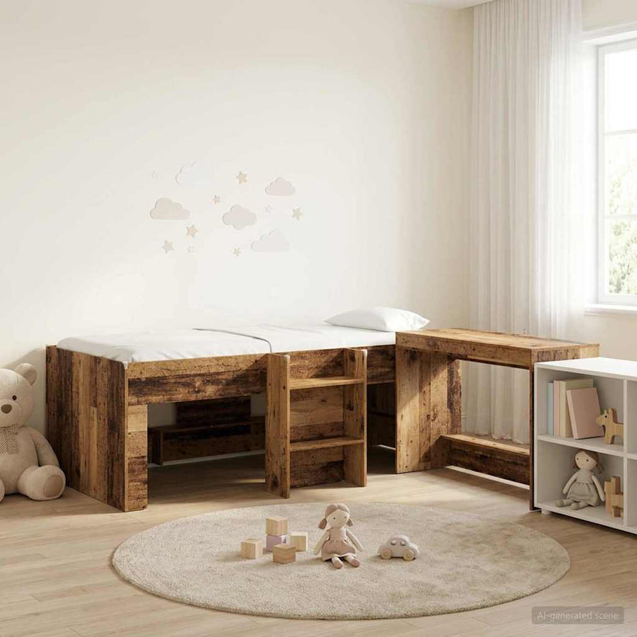 Hoge Bed Frame met Bureau voor Kinderen 2 st Oud hout