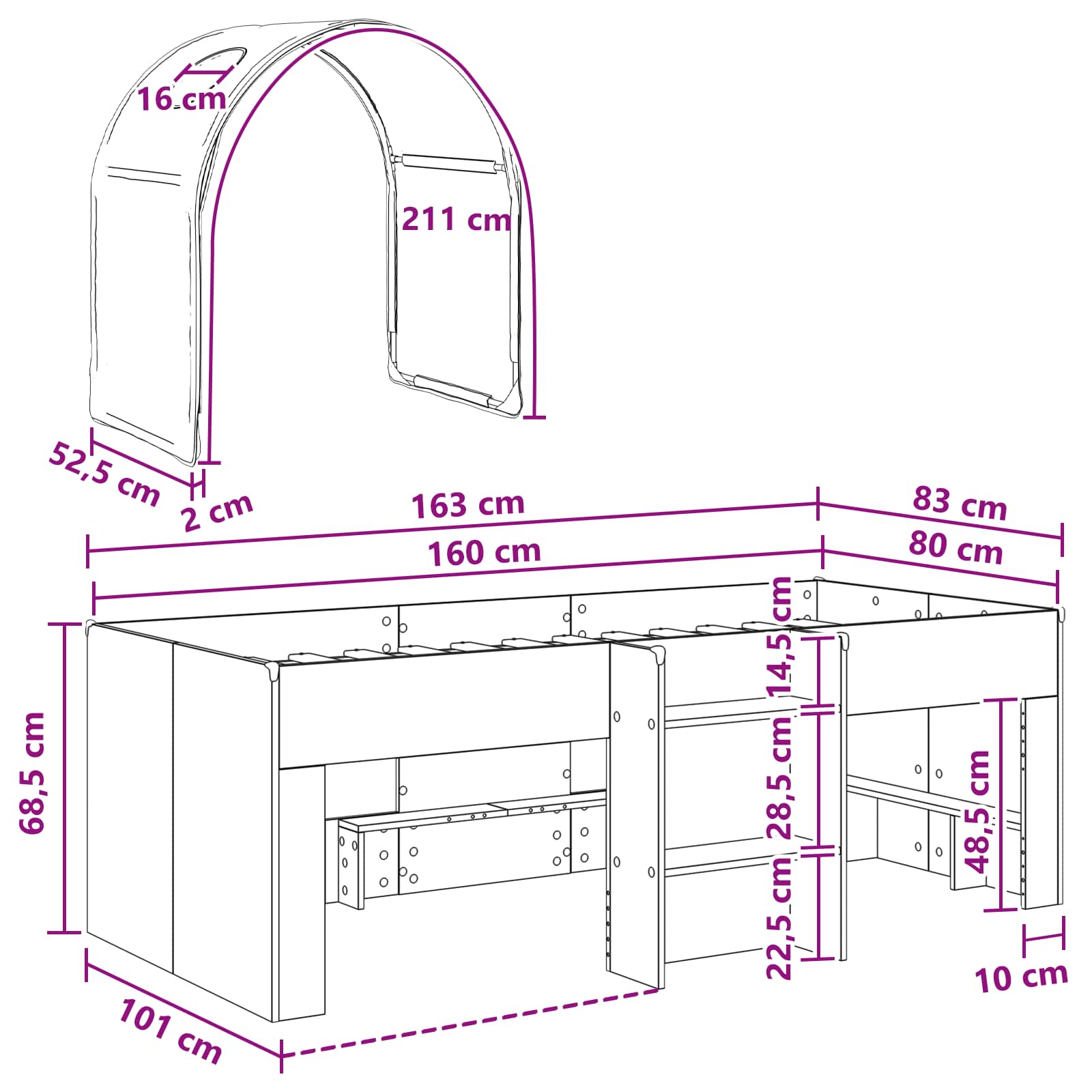 Bed met Tunnel 4 pcs Wit en Lichtblauw Bewerkt hout