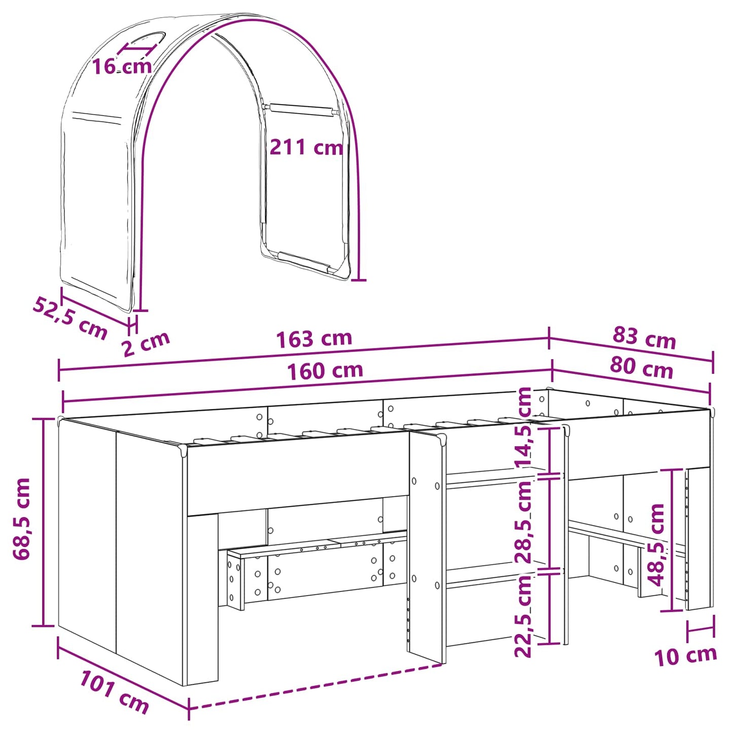 Bed met Tunnel 4 pcs Wit en Rood Bewerkt hout