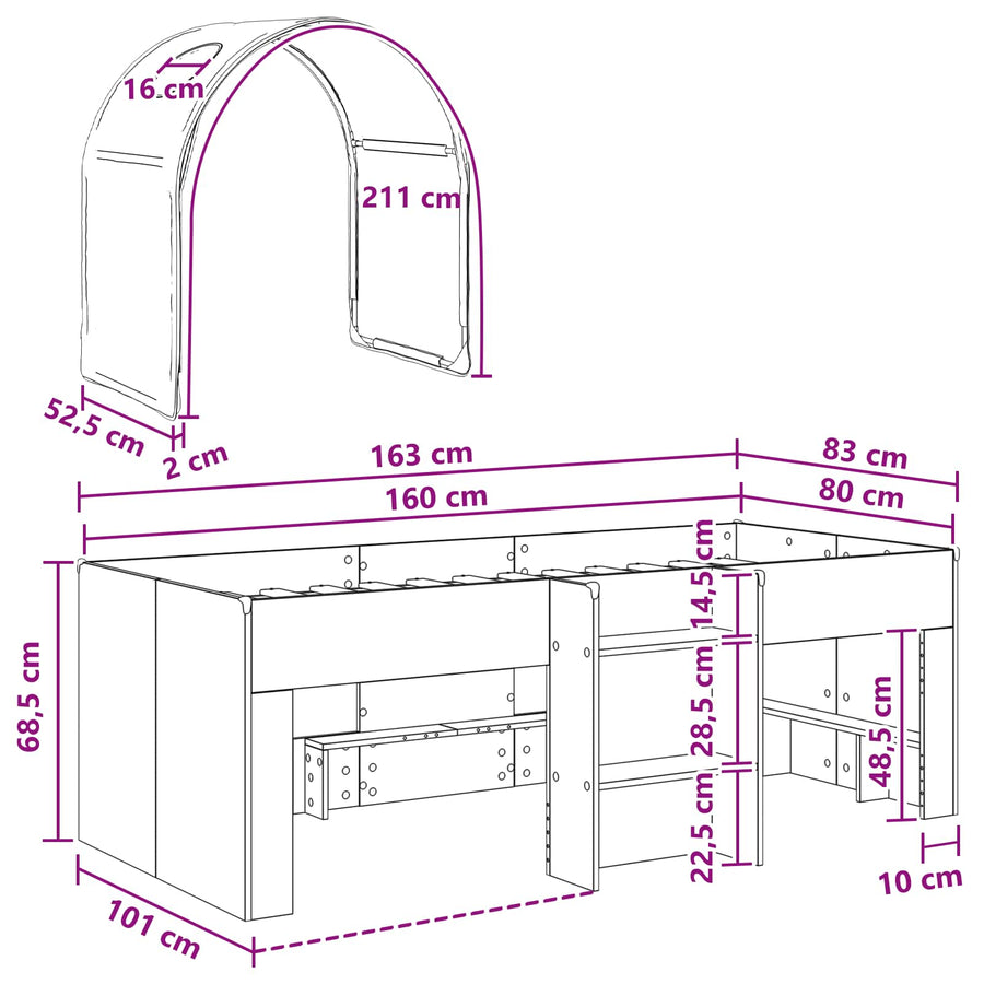 Bed met Tunnel 4 pcs Wit Bewerkt hout