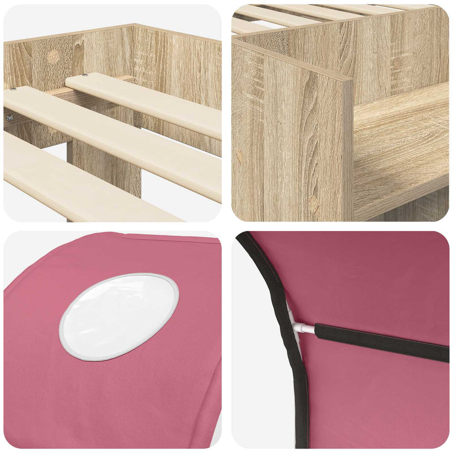 Bed met Tunnel met plank 3 st Sonoma eiken en roze Bewerkt hout