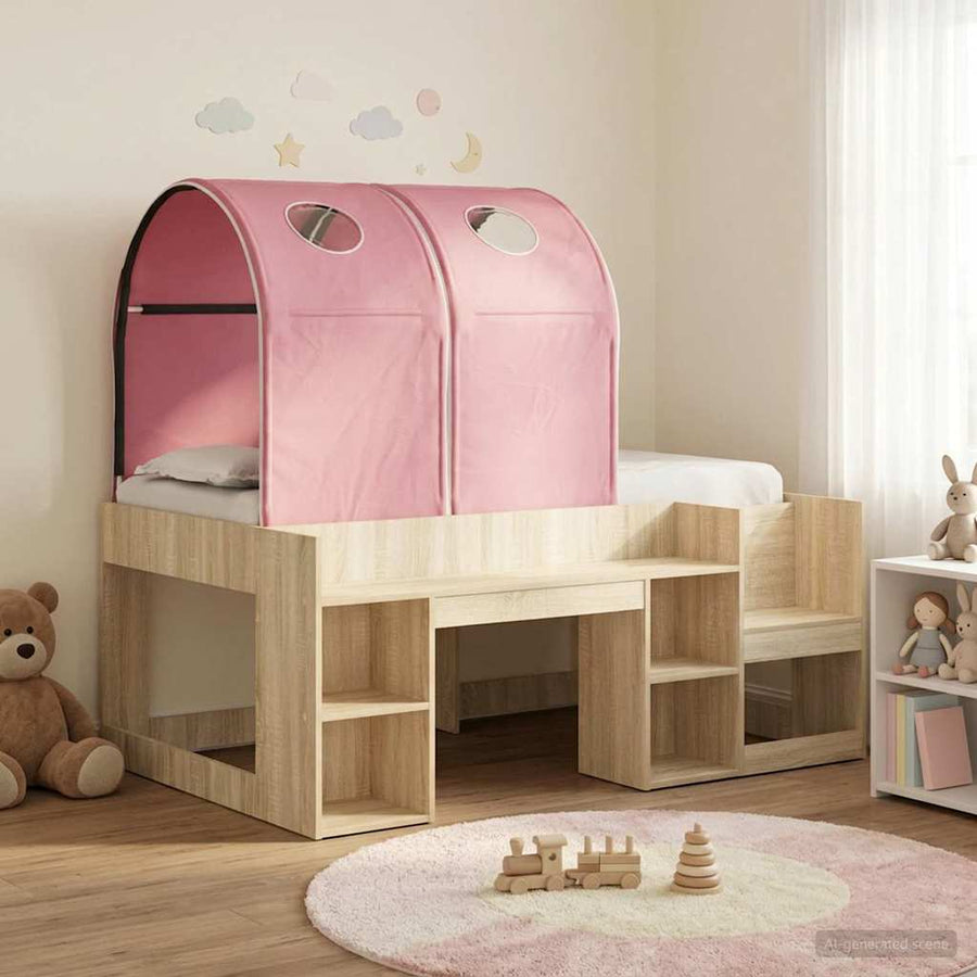 Bed met Tunnel met plank 3 st Sonoma eiken en roze Bewerkt hout