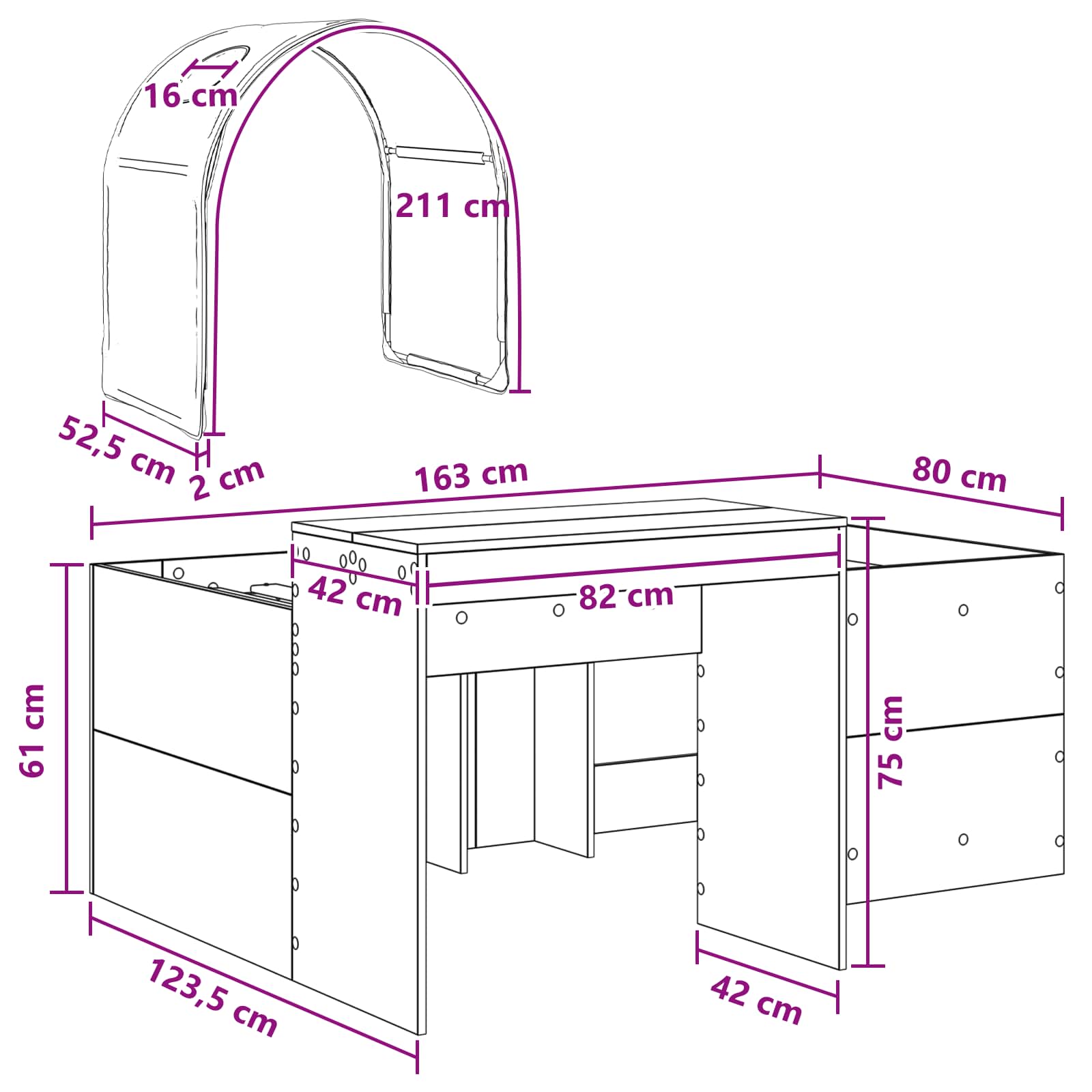 Bed met Tunnel 4 pcs Artisian Eik en Rood Bewerkt hout
