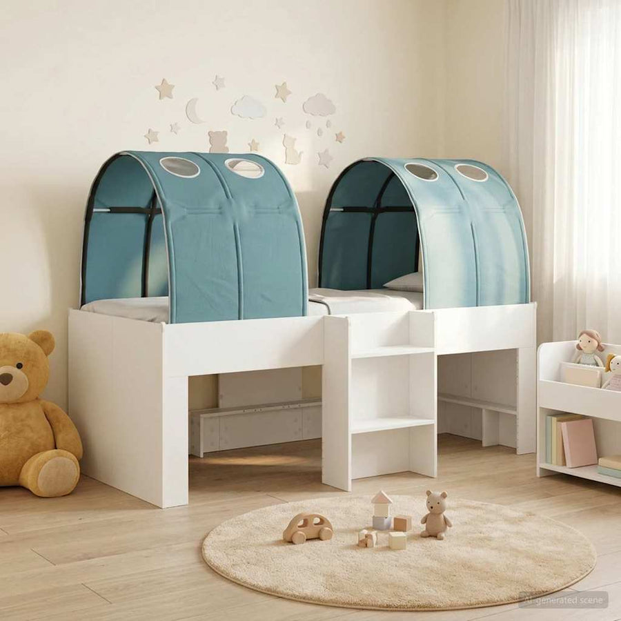 Bed met Tunnel 4 pcs Wit en Lichtblauw Bewerkt hout