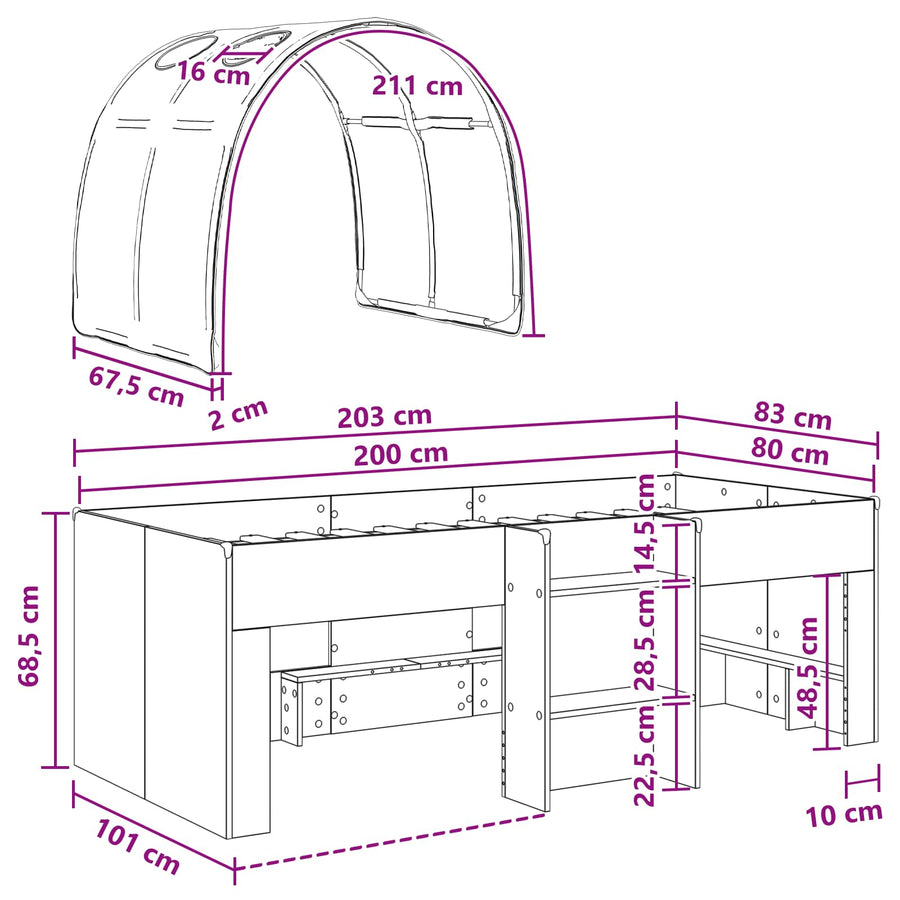 Bed met Tunnel 4 pcs Wit en zwart Bewerkt hout