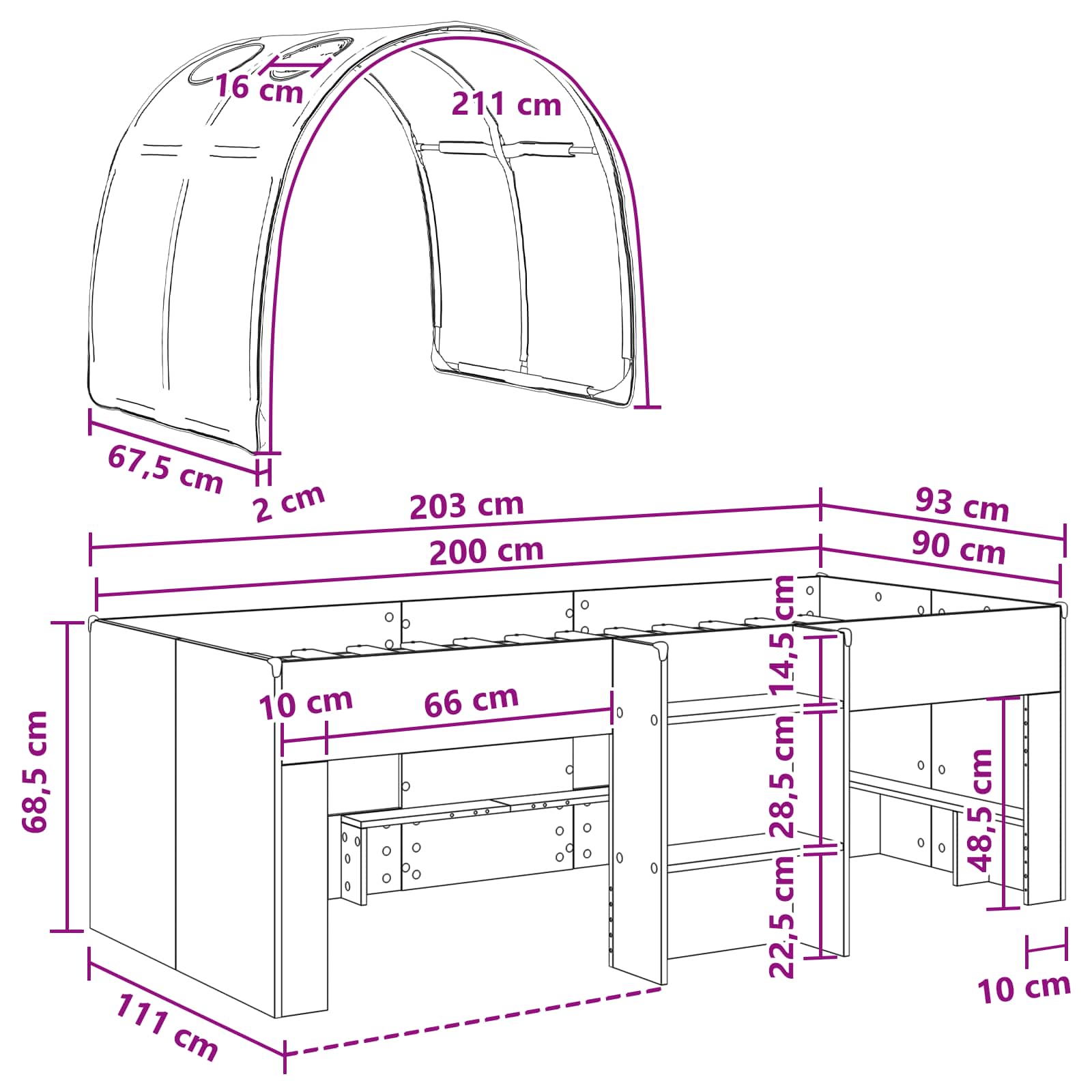 Hoge Bed Frame voor Kids met Tunnel Wit en Rood Bewerkt hout