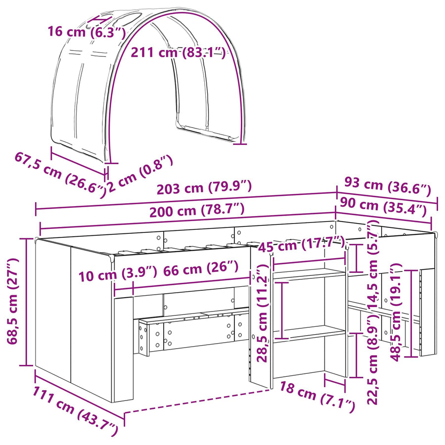Hoge Bed Frame voor Kids met Tunnel 3 st Sonoma eiken en rood