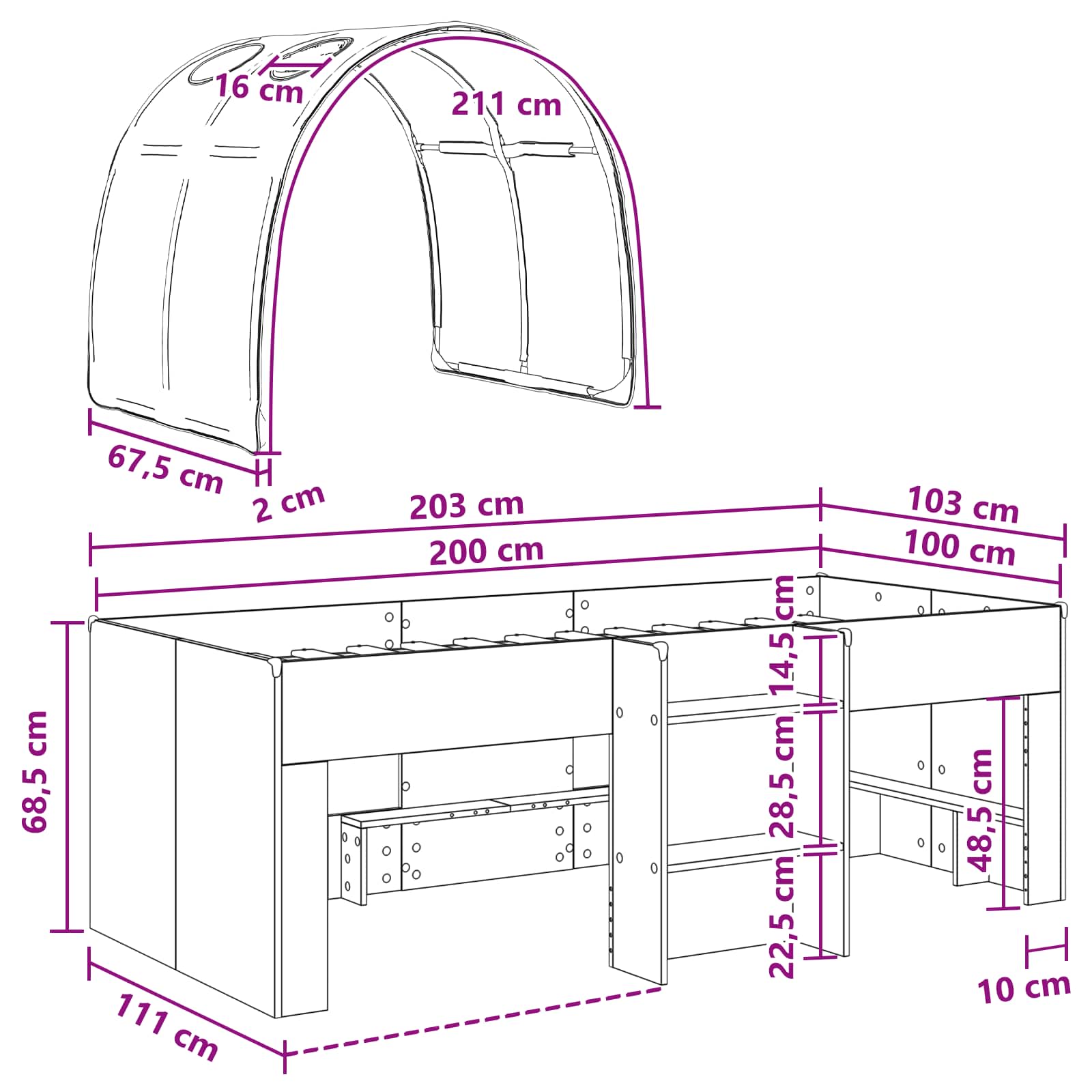 Bed met Tunnel 4 pcs Wit en Roze Bewerkt hout