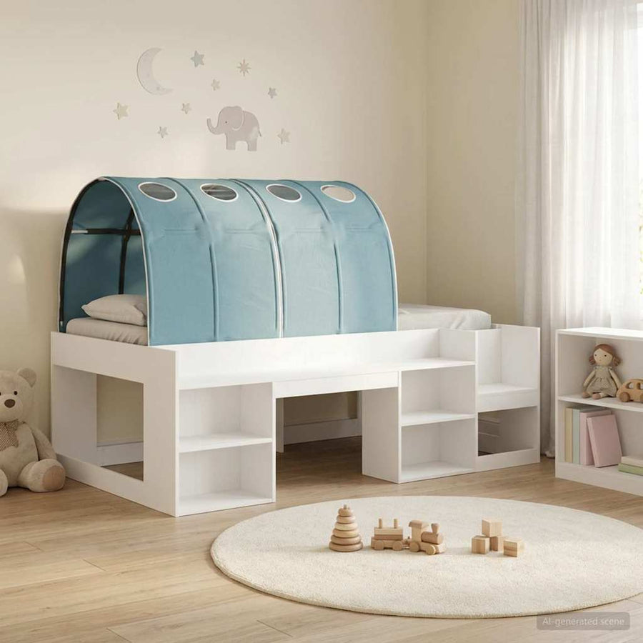 Bed met Tunnel 4 pcs Wit en Lichtblauw Bewerkt hout