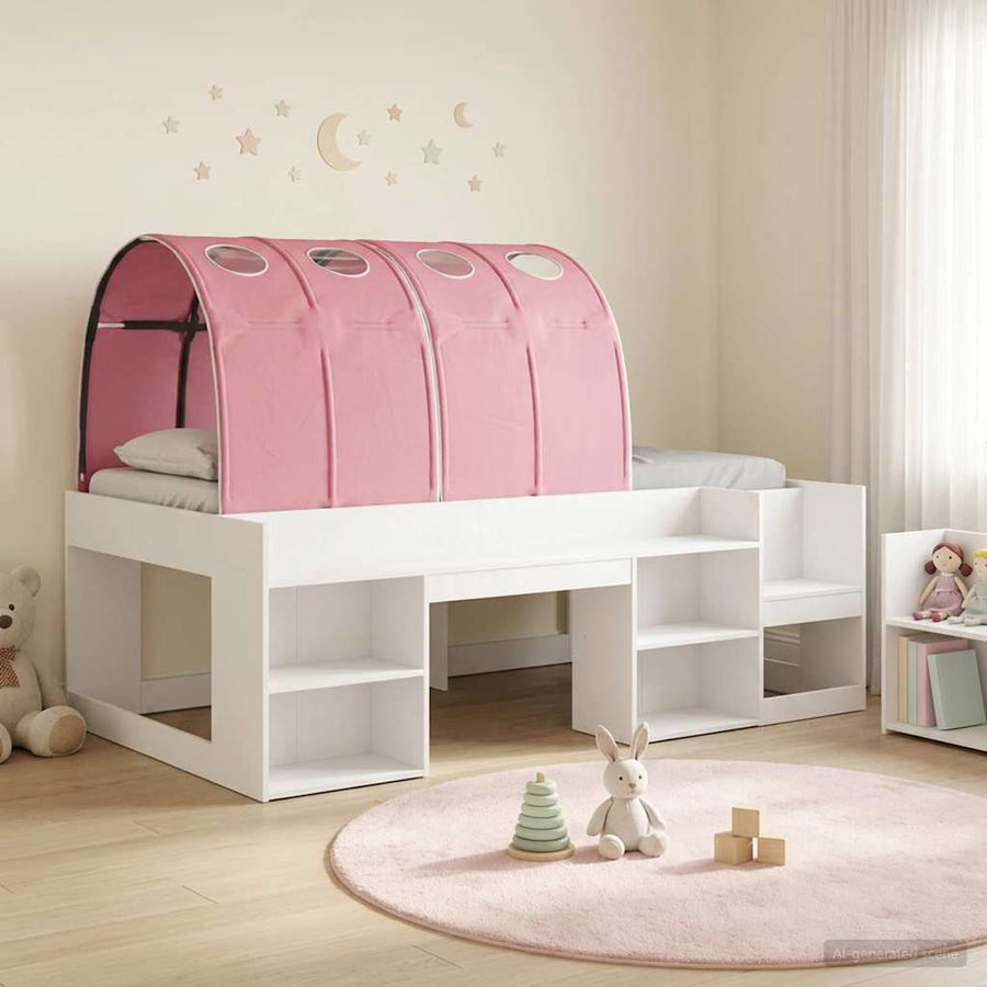 Bed met Tunnel 4 pcs Wit en Roze Bewerkt hout
