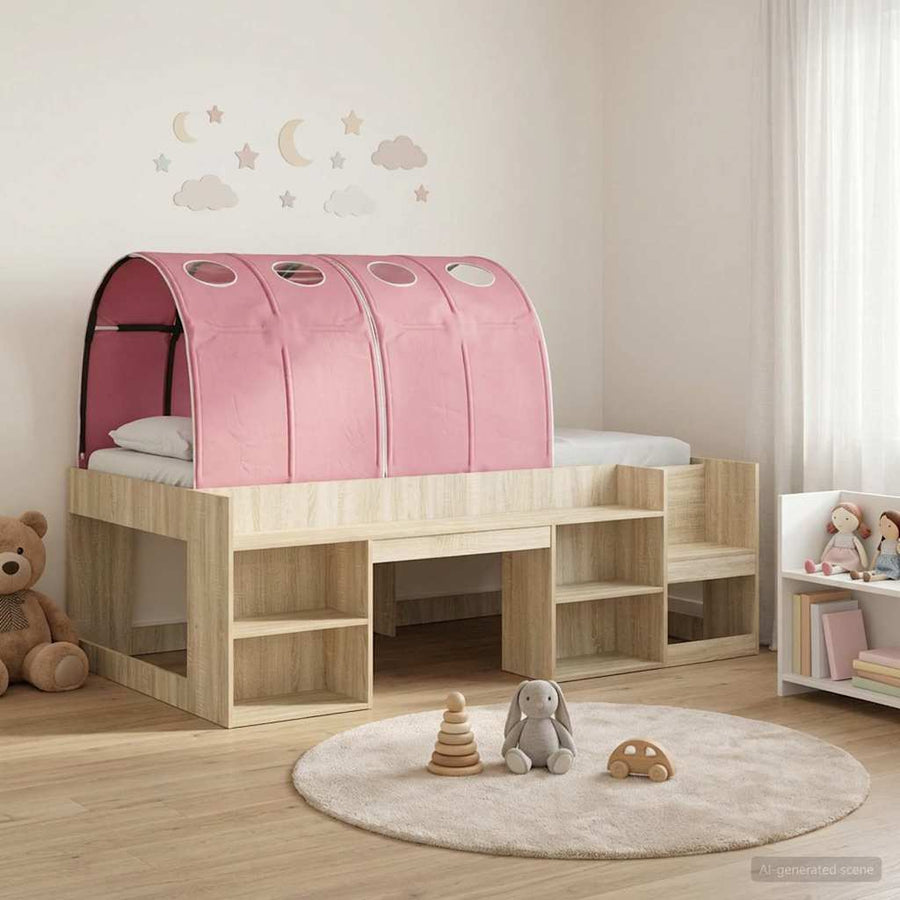 Bed met Tunnel met plank 3 st Sonoma en Roze Bewerkt hout