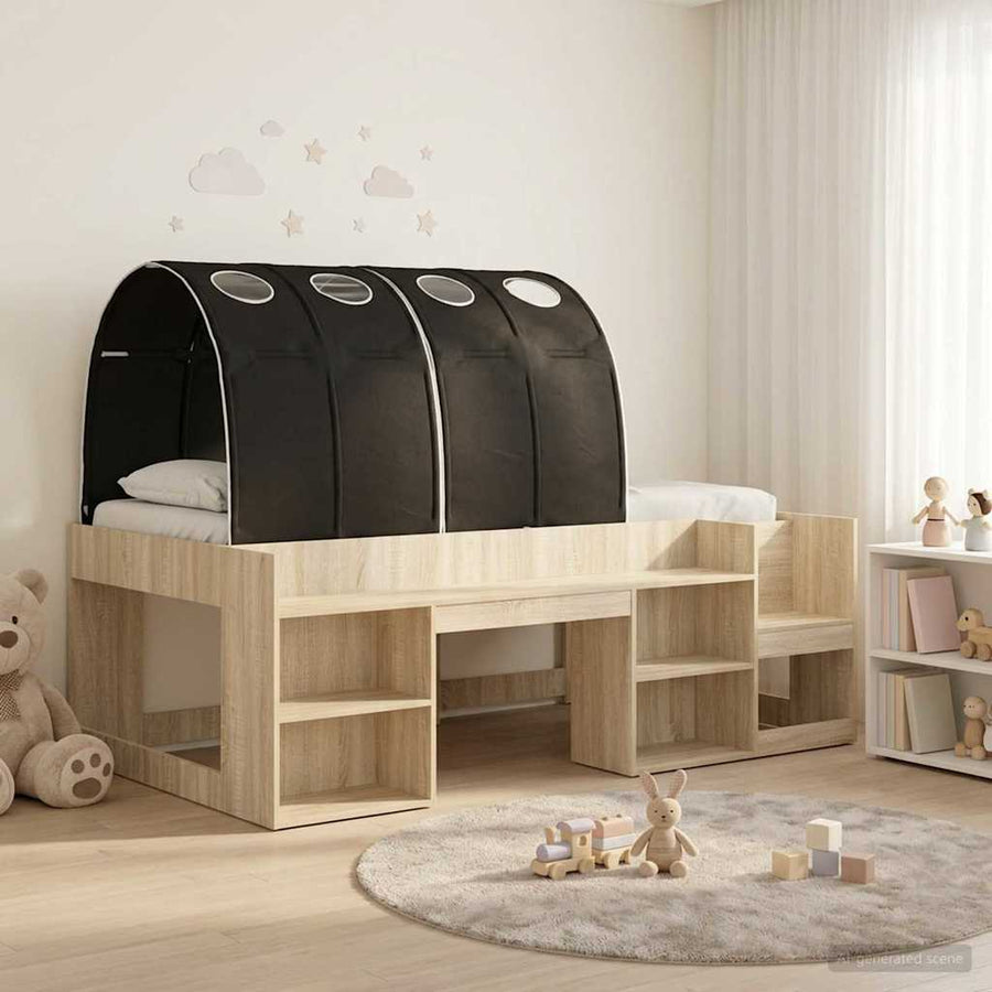 Bed met Tunnel met plank 3 st Sonoma en Zwart Bewerkt hout