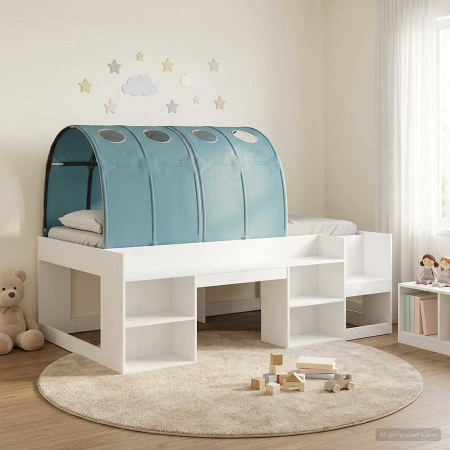 Hoge Bedframe voor Kinderen met Opslag Wit en Lichtblauw