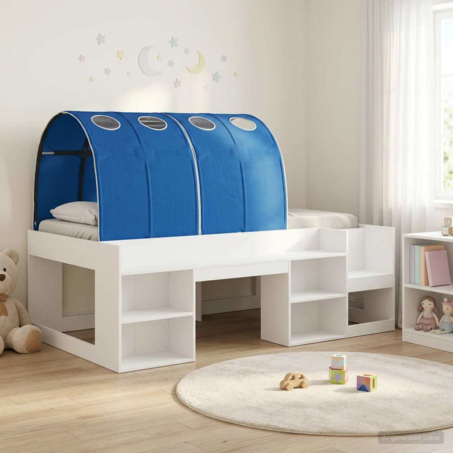 Hoge Bedframe voor Kinderen met Opslag Wit en Blauw