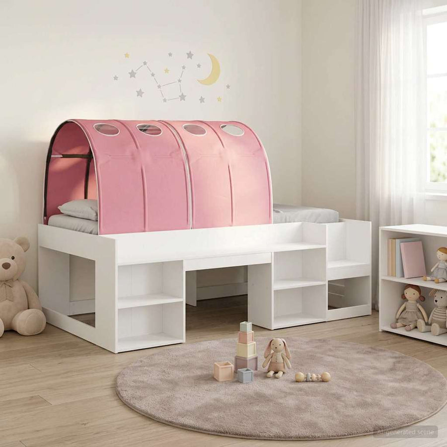 Hoge Bedframe voor Kinderen met Opslag Wit en Roze Bewerkt hout