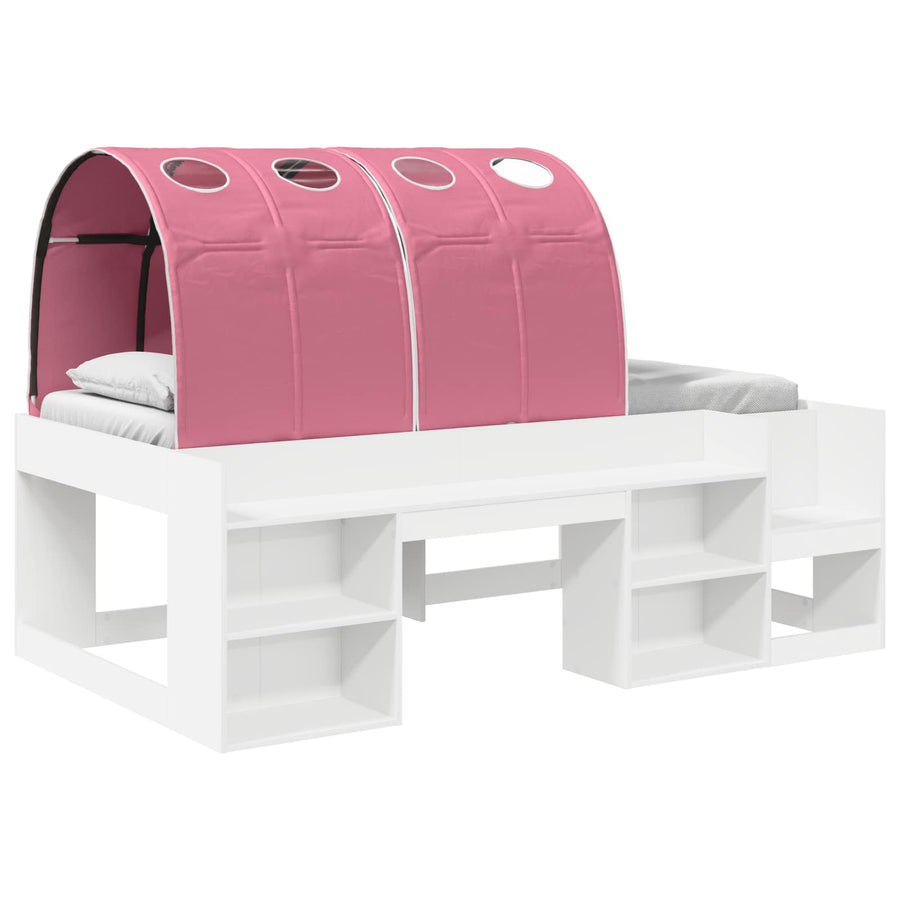 Hoge Bedframe voor Kinderen met Opslag Wit en Roze Bewerkt hout