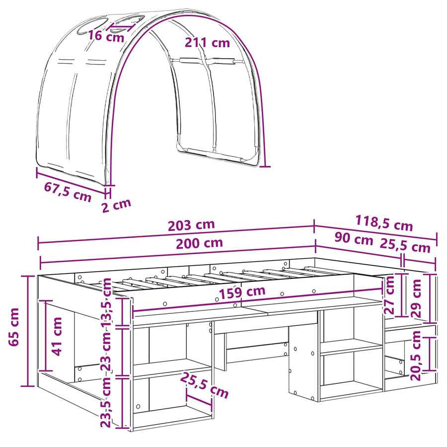 Hoge Bedframe voor Kinderen met Opslag Wit en zwart