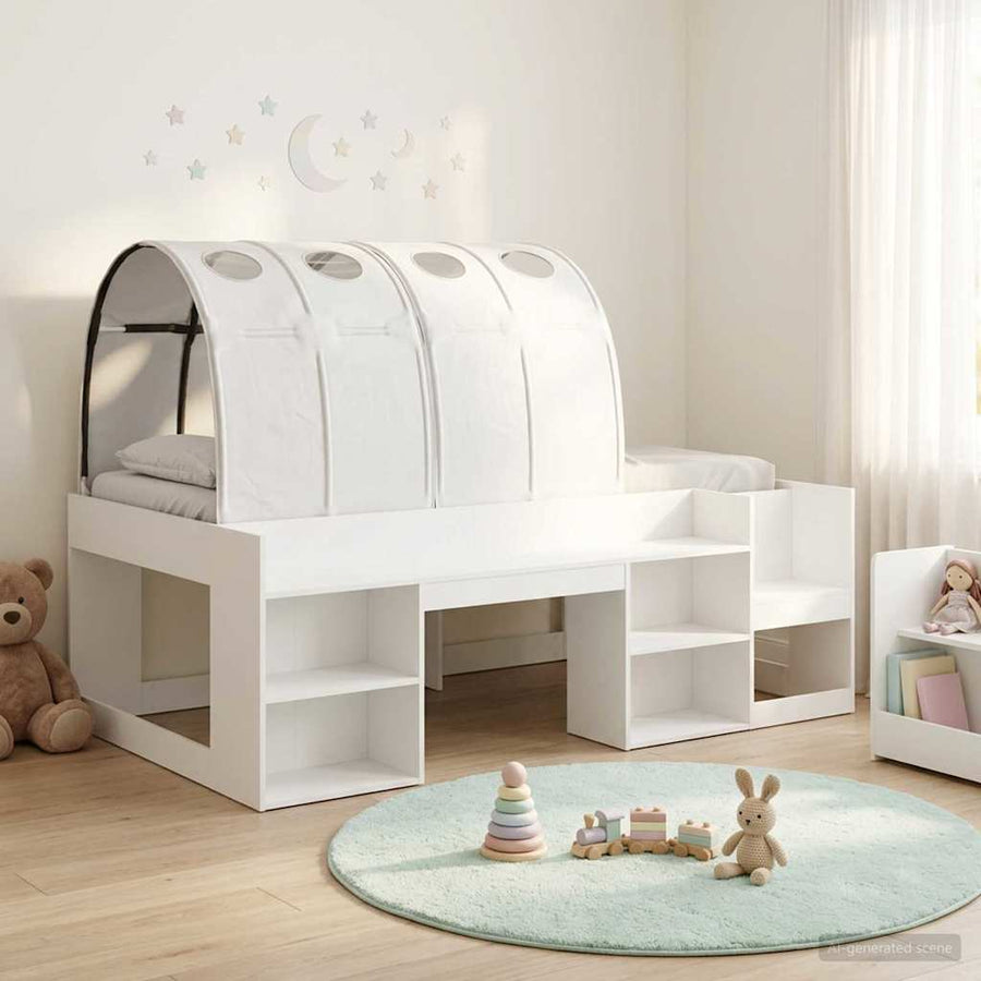 Hoge Bedframe voor Kinderen met Opslag Wit Bewerkt hout