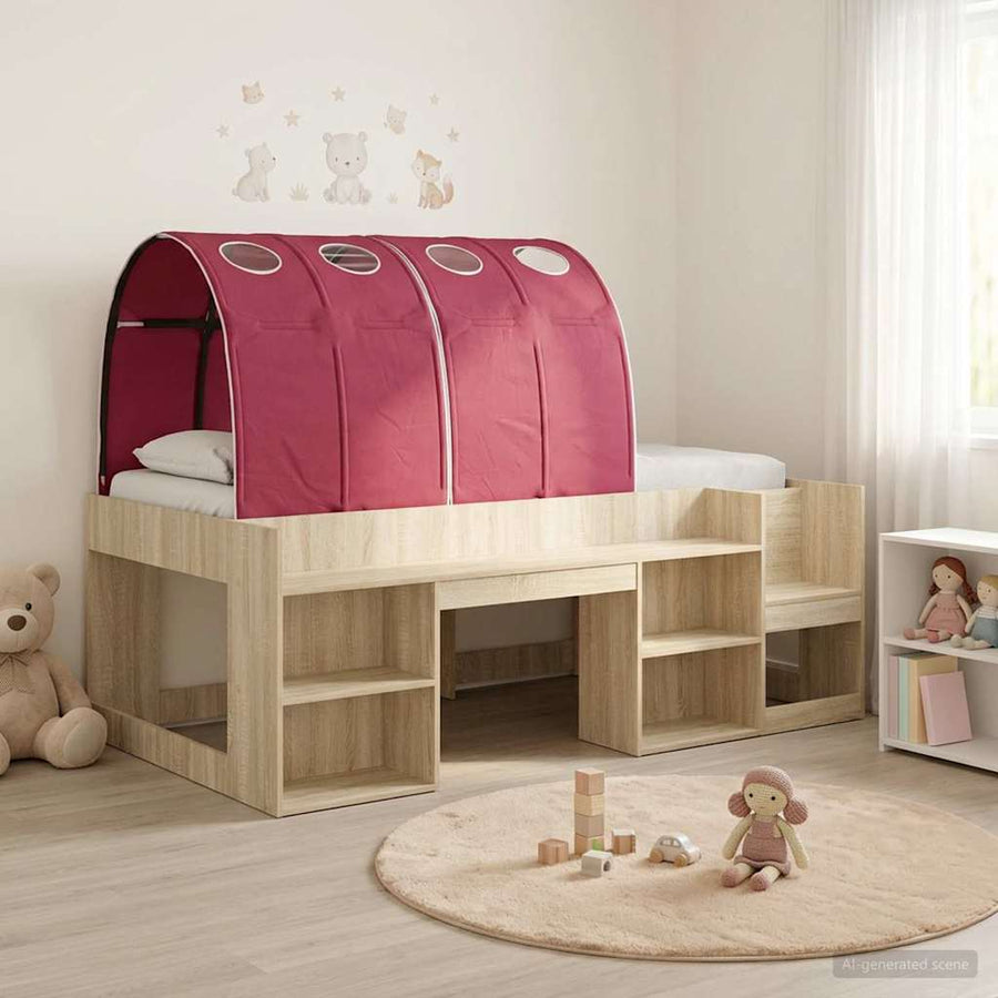 Bedframe met tunnel met plank 3 st Sonoma eiken en rood