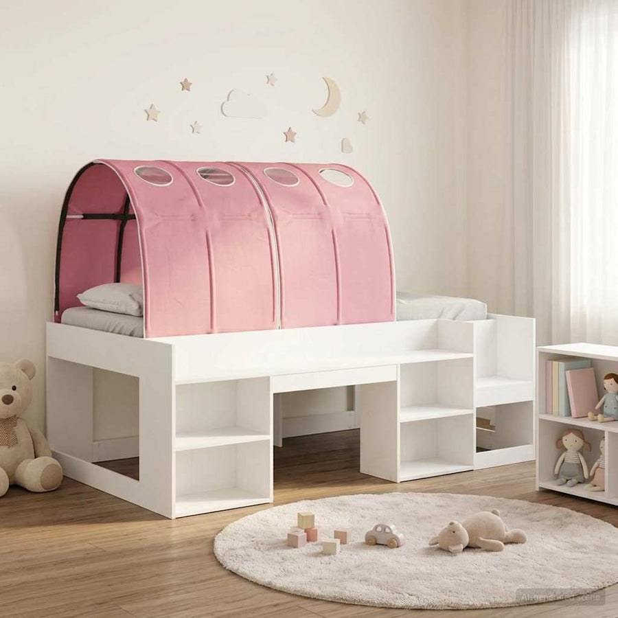 Bedframe met tunnel met plank 3 pcs Wit en Roze Bewerkt hout