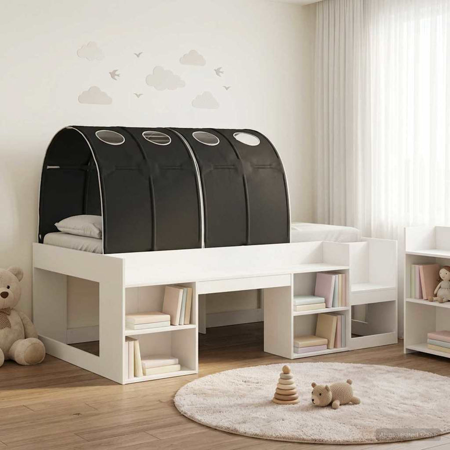Bedframe met tunnel met plank 3 pcs Wit en zwart Bewerkt hout