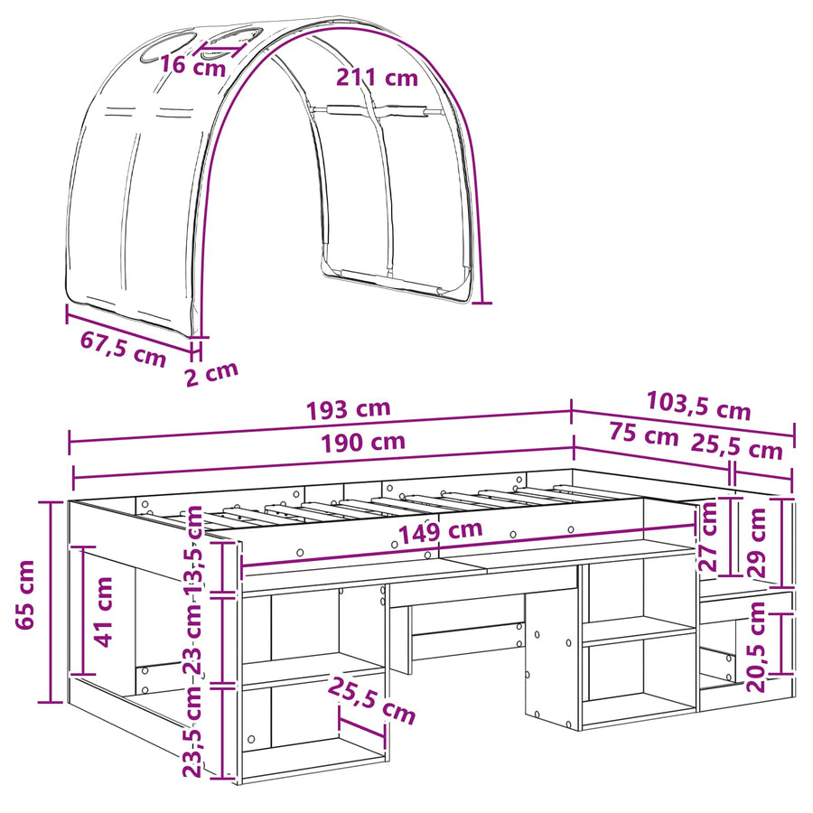 Bedframe met tunnel met plank 3 pcs Wit en Rood Bewerkt hout