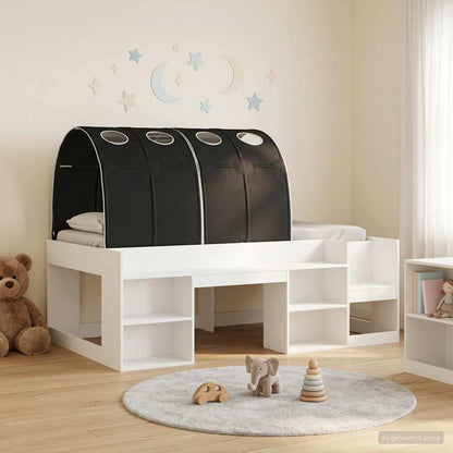 Bedframe met tunnel met plank 3 pcs Wit en zwart Bewerkt hout