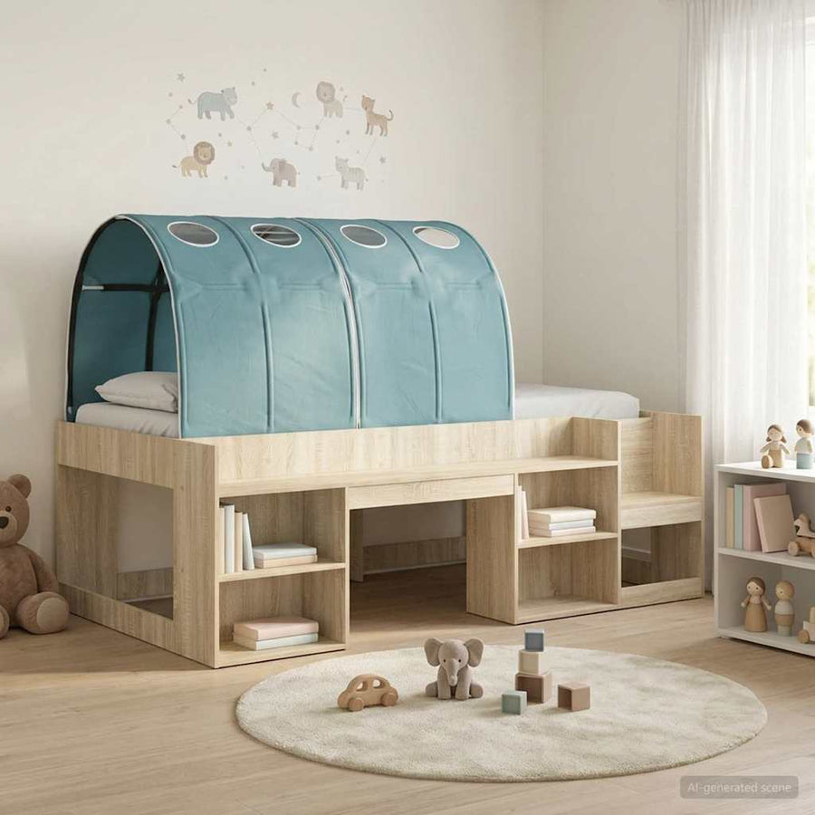 Bedframe met tunnel met plank 3 st Sonoma eiken en lichtblauw