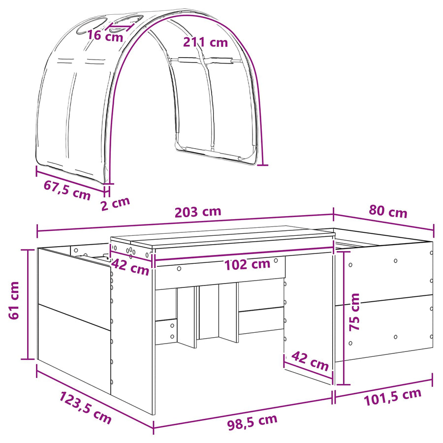 Bedframe met Tunnel met plank 3 pcs Wit en zwart Bewerkt hout