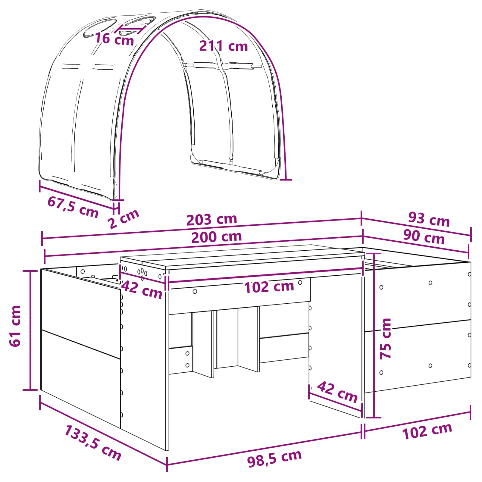 Bed met Tunnel 4 pcs Artisian Eik en Zwart Bewerkt hout