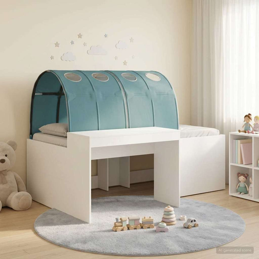 Hoge Bed Frame met Bureau voor Kinderen Wit en Lichtblauw