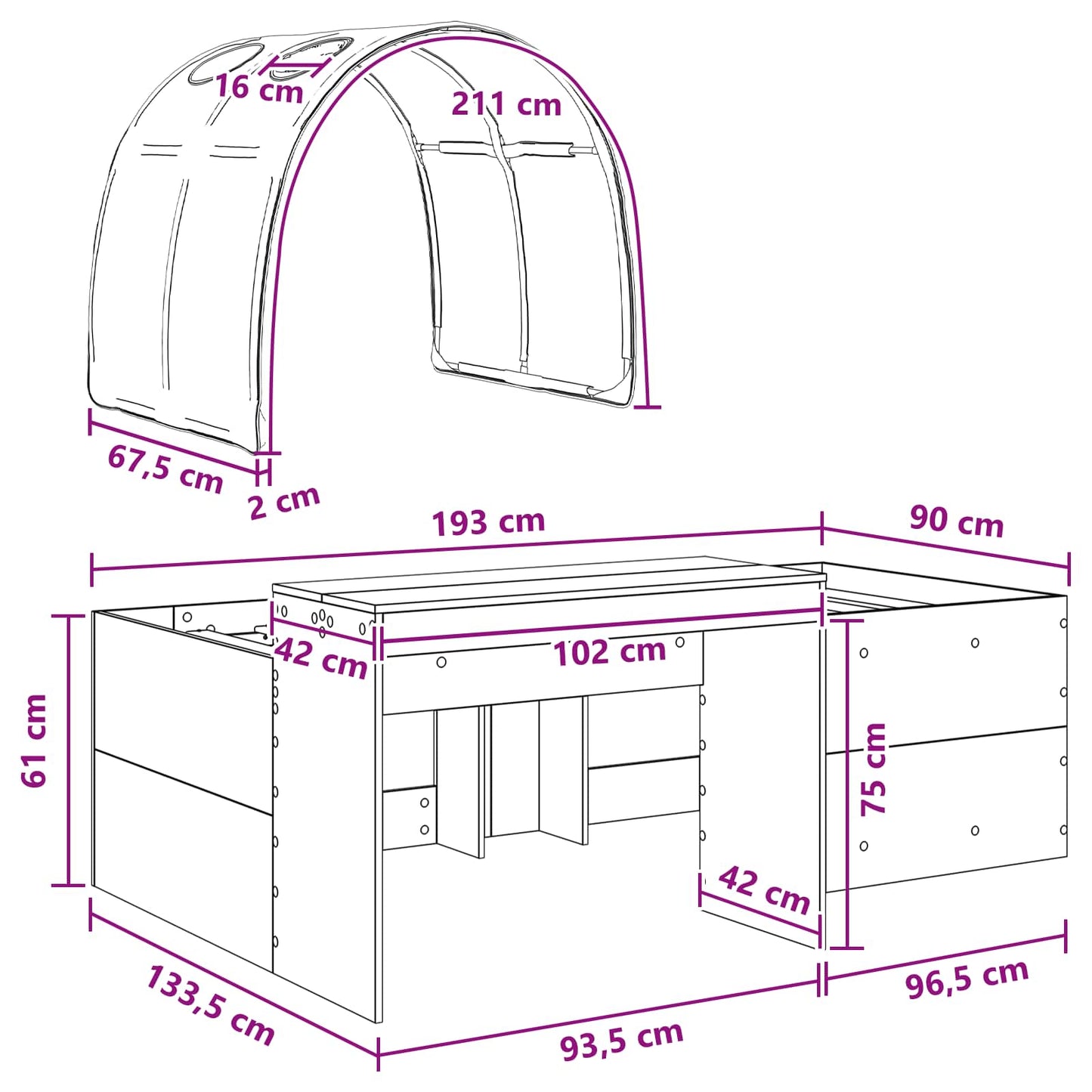 Hoge Bed Frame met Bureau voor Kinderen Wit en zwart